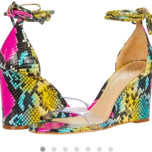 NWOB Vince Camuto Stassia Snake Print Leather Clear Ankle Tie Wedge Sandals - Picture 2 of 8
